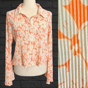 Peach Ivory Floral Button Down Collared Shirt Slightly Cropped Lettuce Hem Sz M